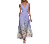 Kleid Hochzeitsgast Damen Curvy Lang Abendkleider Elegant Für Hochzeit Gast Chiffon Festliche Kleider Damen Sommer A Linie Ballkleid V Ausschnitt Tailliert Partykleid Blumen Maxikleider