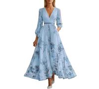 Kleid Hochzeitsgast Damen Curvy Lang Abendkleider Elegant Für Hochzeit Gast Chiffon Festliche Kleider Damen Sommer A Linie Ballkleid V Ausschnitt Tailliert Partykleid Blumen Maxikleider