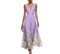 Kleid Hochzeitsgast Damen Curvy Lang Abendkleider Elegant Für Hochzeit Gast Chiffon Festliche Kleider Damen Sommer A Linie Ballkleid V Ausschnitt Tailliert Partykleid Blumen Maxikleider