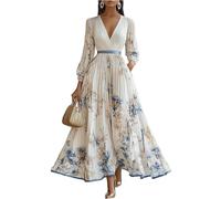 Kleid Hochzeitsgast Damen Curvy Lang Abendkleider Elegant Für Hochzeit Gast Chiffon Festliche Kleider Damen Sommer A Linie Ballkleid V Ausschnitt Tailliert Partykleid Blumen Maxikleider