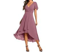 Kleid Hochzeitsgast Damen Curvy Sommer Abendkleider Elegant Für Hochzeit Gast Chiffon Sommerkleid Leicht Midi Festliche Kleider A Linie Tailliert Abschlusskleid Vokuhila Chiffonkleid