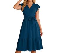 Kleid Hochzeitsgast Damen Festlich - Sommerkleid Wickelkleid Kurzarm Und Rüschen Sommer V-Ausschnitt Kleider Elegant Lässiges Hohe Taille Lockeres Einfarbig Kleid Mit Taschen