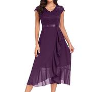 Kleid Hochzeitsgast Damen | Festliches Elegantes Spitzenkleid mit Kurzarm & Rüschen | Cocktailkleid & Abendkleid für Hochzeit und Abschlussball aus Chiffon,01 Lila,L