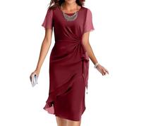 Kleid Hochzeitsgast Damen Knielang A-Linie Abendkleider Elegant für Hochzeit Gast Chiffon Stufenkleid Festliche Kleider Damen Kurzarm Sommerkleider Leicht Und Luftig Frauen Chiffonkleid Festlich
