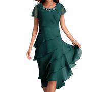 Kleid Hochzeitsgast Damen Knielang A-Linie Abendkleider Elegant für Hochzeit Gast Chiffon Stufenkleid Festliche Kleider Damen Kurzarm Sommerkleider Leicht Und Luftig Frauen Chiffonkleid Festlich