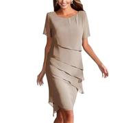 Kleid Hochzeitsgast Damen Knielang A-Linie Abendkleider Elegant für Hochzeit Gast Chiffon Stufenkleid Festliche Kleider Damen Kurzarm Sommerkleider Leicht Und Luftig Frauen Chiffonkleid Festlich