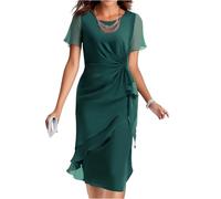 Kleid Hochzeitsgast Damen Knielang Abendkleider Elegant für Hochzeit A Linie Chiffon Sommerkleider Damen Leicht Und Luftig Festliche Kleider Frauen Sommer mit Ärmel Schickes Chiffonkleid