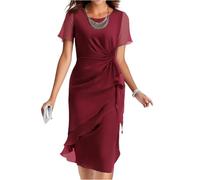Kleid Hochzeitsgast Damen Knielang Abendkleider Elegant für Hochzeit A Linie Chiffon Sommerkleider Damen Leicht Und Luftig Festliche Kleider Frauen Sommer mit Ärmel Schickes Chiffonkleid
