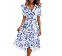 Kleid Hochzeitsgast Damen Lang Chiffonkleid Damen Festlich Blumenkleid Midi A Linie Kleider V Ausschnitt Wickelkleid Geblümt Sommerkleid Elegant Partykleid Chiffon Sommerkleider Leicht Luftig