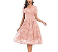 Kleid Hochzeitsgast Damen Lang Spitze mit Ärmel Festliche Kleider Für Damen Hochzeit Midi Sommerkleid V Ausschnitt Elegant Midikleid A Linie Schwingen Sommerkleider Leicht Und Luftig Abendkleid