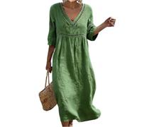 Kleid Hochzeitsgast Damen, Maxikleid Damen Elegant Einfarbige V-Ausschnitt Kurzarm Sommer Freizeitkleider Loose Hallow Out Leichtes Midikleid Sommerkleider Casual (1-Grün, L)