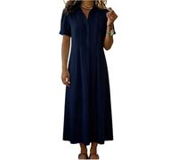 Kleid Hochzeitsgast Damen, Weißes Strickkleid Damen Locker V-Ausschnitt Kurzarm Blusenkleid Sommer Einfarbige Rever Plissee Midikleid Freizeitkleid Elegant A Linie Partykleid (Marine, XL)