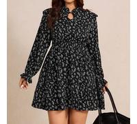 Kleid in A-Linie mit Rüschensaum in Große Größen, Kleid mit Blümchenmuster, lässig-elegantes Alltagskleid, langärmliges Kleid geeignet für Frühling/He