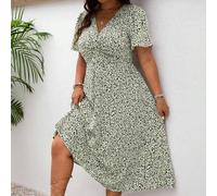 Kleid in Große Größen für Lehrer, Bridgerton-Stil V-Ausschnitt Allover-Muster Sommerkleid mit Kurzarm