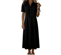 Kleid Lang, Damen Kurzarm Sommerkeider Knielange Hochzeitsgast Locker V-Ausschnitt Blusenkleid Sommer Einfarbige Rever Plissee Midikleid Freizeitkleid Elegant A Linie Partykleid (Schwarz, M)