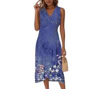 Kleid Lang, Damen Sommerkleid Kurzarm V-Ausschnitt Musselin Ärmellos V-Ausschnitt Kleider Blumenmuster Wickelkleid Strandkleid Elegant Sommer Midikleid Partykleid Knopf Tailliert (1-Königsblau, XL)