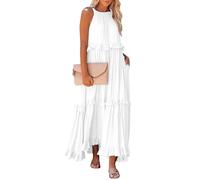 Kleid lang Sommer Damen langes Einfarbig Neckholder Ärmellose Maxi Beach Dress for Women Party(Weiß, S)