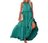 Kleid lang Sommer italienische Mode Damenkleider Einfarbig V-Ausschnitt Ärmellose Maxi maxikleid Damen blau（Armeegrün, S