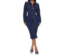 Kleid Langarm, Damen-Jeanskleid Dunkelblau Sexy Schmales Langärmliges Bleistiftkleid Elegantes Hemdkleid Mit Hohem Taillengürtel Button-Down-Hemdkleid Midi-Kleider Vintage-Jeanskleid Im Used-Look