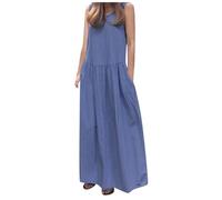 Kleid Leinen, Leinenkleid Damen Sommer Knielang Boho Style Baumwollkleid Sommerkleid Baggy Leinen Musselinkleid Freizeitkleider Luftige Leicht a Linie Strandkleid Sommerkleider