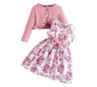 Kleid Mädchen 2 teiliges Prinzessin Kleid Set Ärmelloses Blumen Druck Chiffonkleid mit Schleife und Langärmelige Strickjacke Süßes Elegante Partykleid für Mädchen