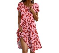 Kleid mädchen Damen Kleider Sommer Kurzarm Rundhals Tshirt Kleid Blumenmuster Sommerkleider Leicht A-Linie Locker Freizeitkleid Swing Elegant Strandkleid mit Taschen C Red XXL