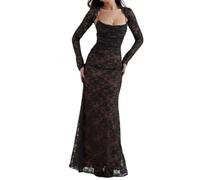 Kleid, Maxikleid, 2-teiliges Korsett, Capelet, Blumenmuster, weiches Netzgewebe, sexy Abendkleid, Schal, Kordelzug, Spitze, Korsett, Maxikleid, Schwarz , XS
