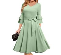 Kleid Midi Elegant Sommerkleid Damen Leicht V Ausschnitt Abendkleider Schwingen Kleider Hochzeitsgast Cocktailkleid Ausgestellte Casual Sommerkleider Luftig Ballkleid Frauen Partykleid A Linie
