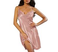 Kleid Mit BH Nachthemd für Frauen Dessous Satin Chemise Dessous Sexy Nachthemd voller Slips Schlafkleid Sexy Slips Nachtwäsche Kurze Hosen Damen roße rößen (Pink, XL)