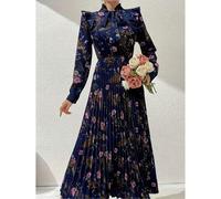 Kleid mit Blume Muster und gerüschtem Saum, elegantes langärmliges plissiertes A-Linien-Swing-Kleid, Damenmode Frühling