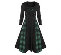 Kleid mit Empire-Taille für Damen, Midi, Sommer, Vintage-Kleid, Button-Down-Kleid, Langarm, Rundhalsausschnitt, Damen, Retro-Karomuster, Nähte, Schleifenkleid, Schwarz und Grün, Gitter, M, Dam