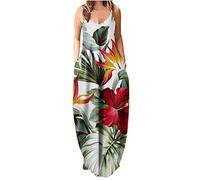Kleid mit Tasche für Frauen, ärmellose Schlinge, Damenkleider, Hawaii-Blatt, Bedruckt, knöchellanger Rock, Leibchen, Lange Kleider