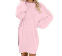 Kleid Schwarz Damen Pulloverkleid Damen Oversize Strickkleid Herbst Winterkleid Locker Longpullover Modische KnielangWollkleid Langarm Pullis Rundhals Strickpullover Elegante Sweatkleid Rosa, M