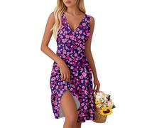 Kleid schwarz Damen Sommerkleid Ärmellose Elegante V-Ausschnitt Kleider Swing Kurz A-Linie Freizeit Strandkleid Strandkleid Leichte Lässige Minikleid für Urlaub B Dark Purple M