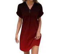 Kleid schwarz kurz Sommer V-Ausschnitt Kurzarm Shirtkleid Farbverlauf/Streifen/Polka Dot Strandkleid Kurz Elegant Tshirt Kleid Leicht und Luftig Freizeitkleid mit Knöpfen A Wine XL