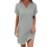 Kleid schwarzes Damen strandtunika Einfarbig V-Ausschnitt Kurze Ärmel Kurz Boho Style jerseykleid(Silber, M)