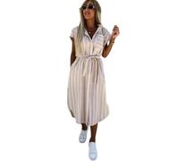 Kleid Sommer Damen Gestreift Lang Mit Schlitz Hemdkleid Mit Knopfleiste Gürtel Elegant Blusenkleid Mit Taschen Midi Kleider A Linie Hemdblusenkleid Streifen Sommerkleid Frauen Leicht Luftig