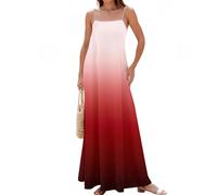 Kleid Sommer Damen Lang Spaghettiträger Kleider Damen Sommer Elegant A Linie Sommerkleid Maxi Trägerkleid Farbverlauf Sommerkleider Leicht mit Taschen Strandkleid Luftig Rückenfrei Maxikleider