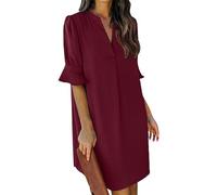 Kleid Sommer DamenSatinkleid Damen Langarm Einfarbig Swing Chiffon V-Ausschnitt Rüschen Halbarm Hemdkleid Schwarz Lang Wickelkleid Strand