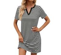 Kleid Sommer Kleider elegant Strandkleid lang Gestreiftes Patchwork V-Ausschnitt Gerader Schnitt Kurze Ärmel langes mesh（Schwarz, XXL