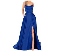 Kleid Trauzeugin Damen Blau Mit Schlitz - Sling Lang Partykleid Shoulder Spaghetti Taille Schlitz Dress Prinzessin Prom Neckholder A-Linie Party Sexy Abendkleider Off Satin Mit Maxikleid Teilt