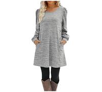 Kleid Weihnachten Damen Silvester Kleid Party Outfit Damen Rundhals Einfarbig Kleider Mit Knöpfen Langarm Kurz Freizeitkleid Mit Taschen Abendkleid Warm Minikleid Herbst Winter Light Gray XL