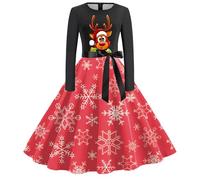 Kleid Weihnachten Mädchen, Christmas Party Kleid Elegant Langärmeliges Cocktailkleid Vintage Rockabilly Abendkleid Swing A-Linien Christmas Dress Lustige Weihnachten Gedruckt Festliche Kleid Frauen
