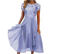 Kleid Weiss Damen Pullover Damen Lang Kleid Grün Kleid Damen Elegant Spitze Patchwork Chiffon V-Ausschnitt A-Linie Kleider Kurzarm Hohe Taille Abendkleid Tüll Kleid (Blue,S)