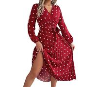 Kleid Winter Damen Lang Punkte Plisseekleid Damen V Ausschnitt Maxikleid Damen Elegant Langarm A Linie Kleider mit Gürtel Herbstkleid Gepunktet Wickelkleid Lässig Faltenkleid Frühlingskleid
