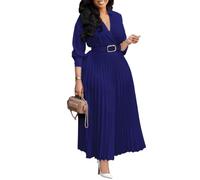 Kleid Women Elegant V Neck Pleated Dress Kleider Solid Color Business Banquet Flowy Party Maxi Dress with Belt (L,Blue)