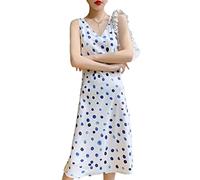 Kleider Casual Plus Size Unregelmäßige Polka Dot Print Lange Maxi, Sommer Neue Acetat Satin Damen V-ausschnitt Print Kleid Mode Elegante Edle Atmosphäre Hohe Taille über Knie Sling Kleid Langer Rock,Solid,XL