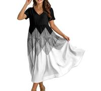 Kleider Damen A Linie Lang Sommer Kleid Muster mit Ärmel Sommerkleid V Ausschnitt Weite Maxikleid Kurzarm Elegant Plisseekleid Strandkleid Leicht Und Luftig Frauen Sommerkleider Maxi Lockeres