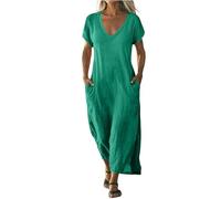 Kleider Damen, Damen Kleid Sommer Kurzarm Strandkleid Maxikleid Einfarbige V Ausschnitt Midikleid Sommerkleider Loose Fit Luftig Wickelkleid Freizeitkleid Mit Tasche (2-Orange, XXL)