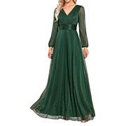 Kleider Damen Festlich Elegant Cocktailkleid Mesh Kleid Vintage Abendkleid V-Ausschnitt Transparent Glänzend Festliche A-Linie Abschlussball Partykleider Maxikleid (Grün,S)